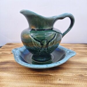 Hull Pottery F91 & F92 Green Drip Glaze Eagle Pitcher &‎ Basin